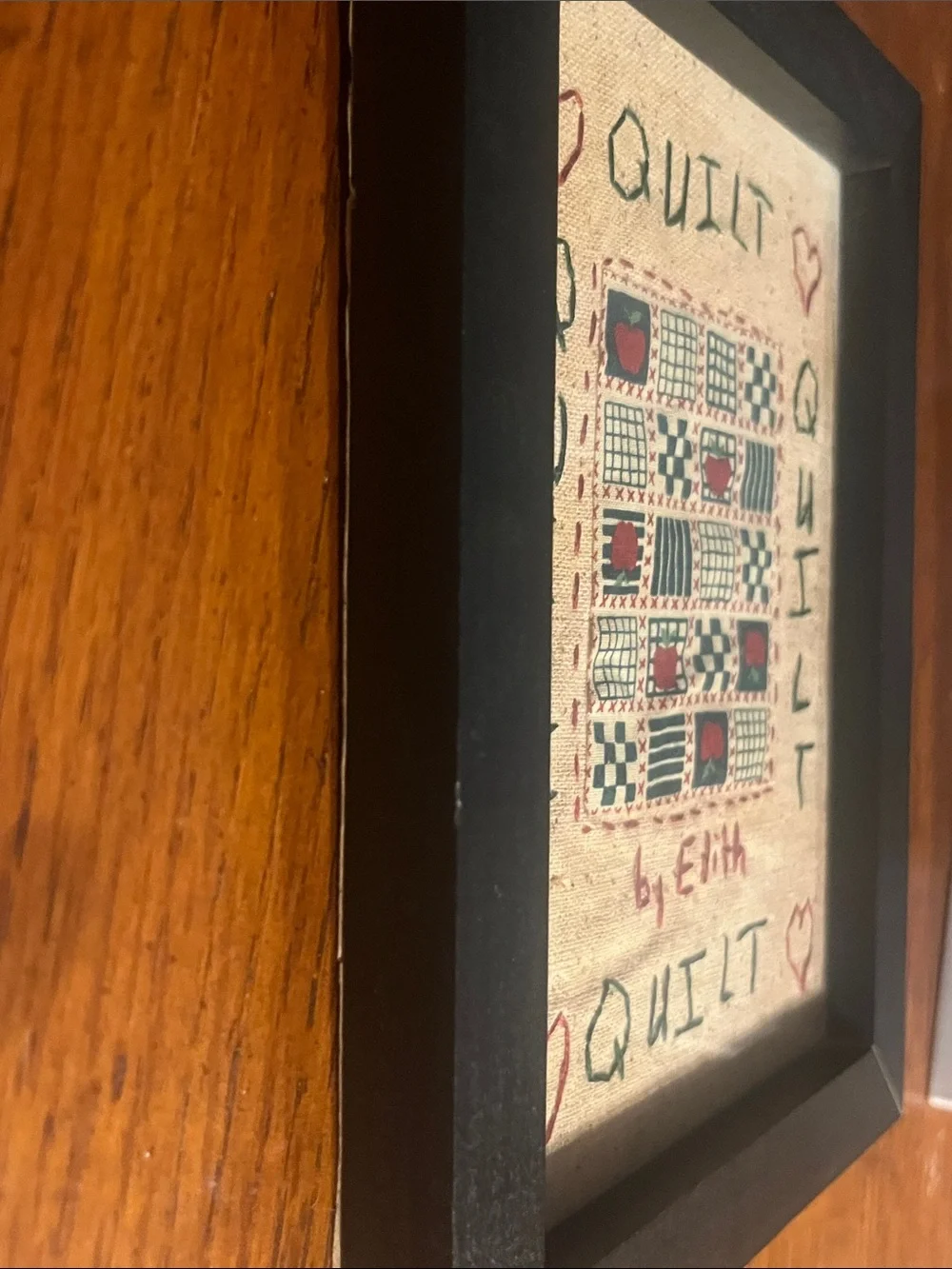 Framed Embroidered Quilt Wall Tapestry in Beige, Blue & Red